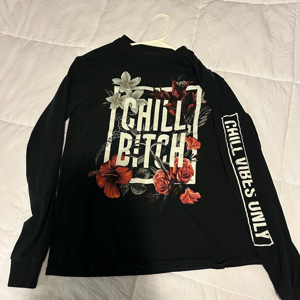 Black Long Sleeve Graphic Tee with Floral Design
